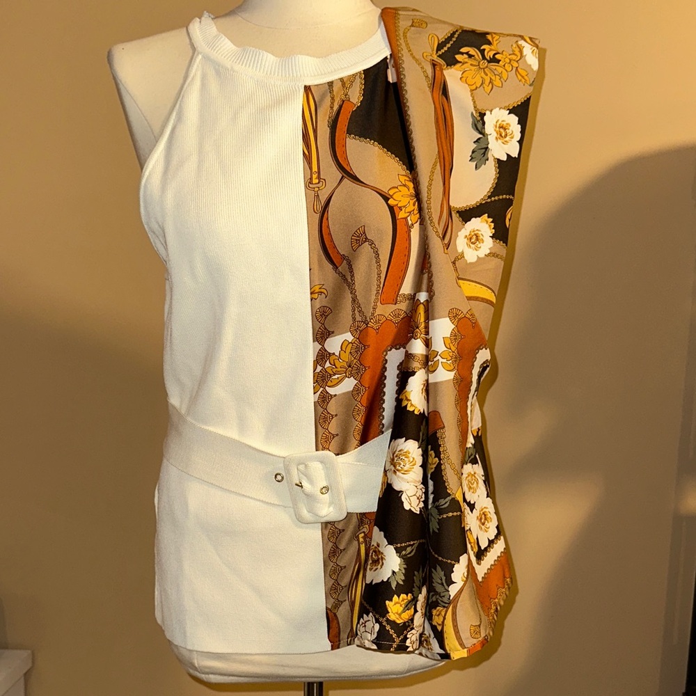 New York & Company White and Brown Floral Blouse